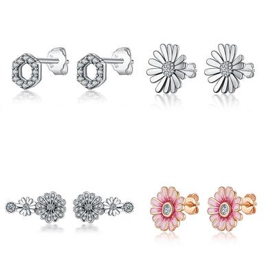 925 Sterling Silber Ohrring Frauen Ohrring DIY Blume Rosa Daisy Klar Kristall Ohrringe Für Frauen Mode Schmuck