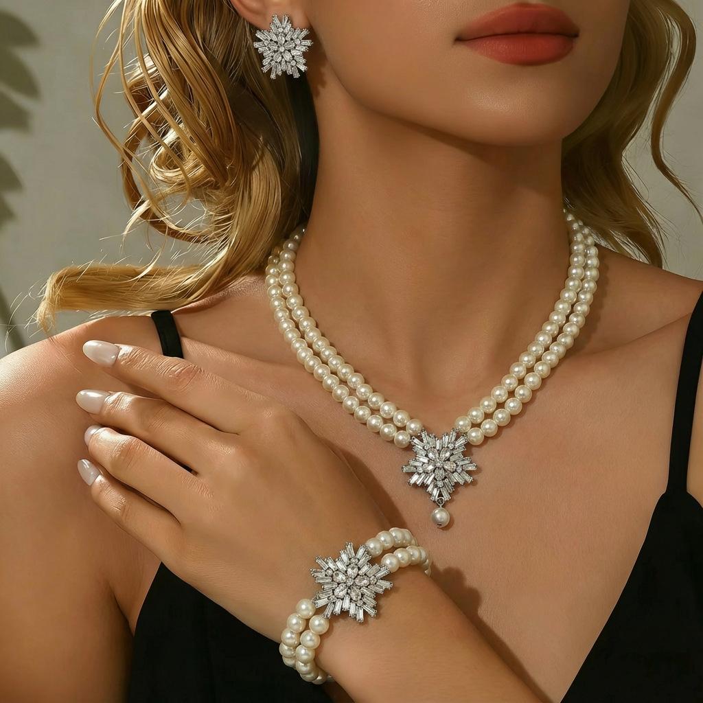 Hot Selling Necklace Earrings Bracelet Set Snowflake Element Fashion Luxury Party Dress Banquet Accessories серебряный