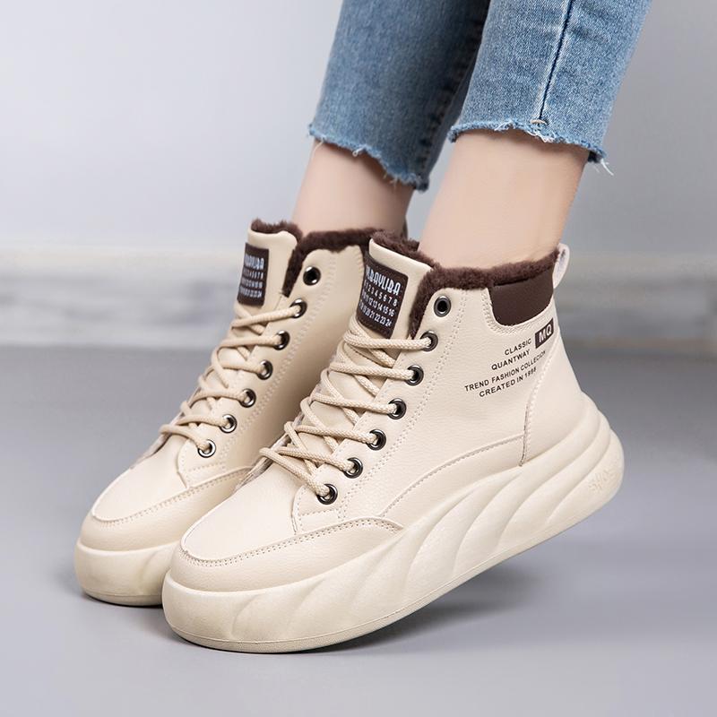 Women's White Chunky-Sole Sneakers High-Top Fleece-Lined Slip-Resistant All-Weather Warm Boots Durable Casual Style