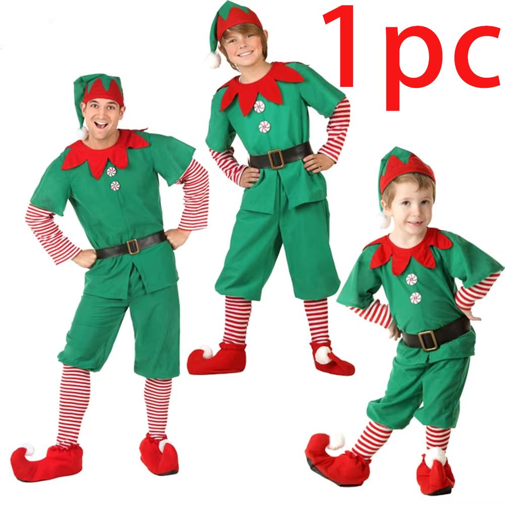 Kerstman Kostuum Groene Elf Cosplay Familie Carnaval Feest Halloween Verkleedkleding Set Voor Mannen Vrouwen Meisjes Jongens 120cm