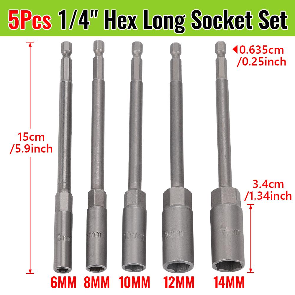 

5Pcs 150mm Long Hex Nut Driver Drill Bit Set 6mm-14mm Socket Wrench Extension Sleeve Adapter for Impact Screwdriver Power Tools