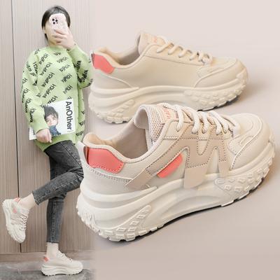 K6708 New Spring and Autumn Colorblock Daddy Shoes Thick Bottom Increased Leather Surface Street Shot Wear-Resistant Women's Shoes Sneaker Students