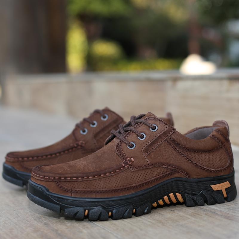 Fashion Classic Men Genuine Leather Lace-Up Hiking Sneakers Comfy Lightweight Antiskid Walking Shoes New Outdoor Daily Wear Fashion Shoe