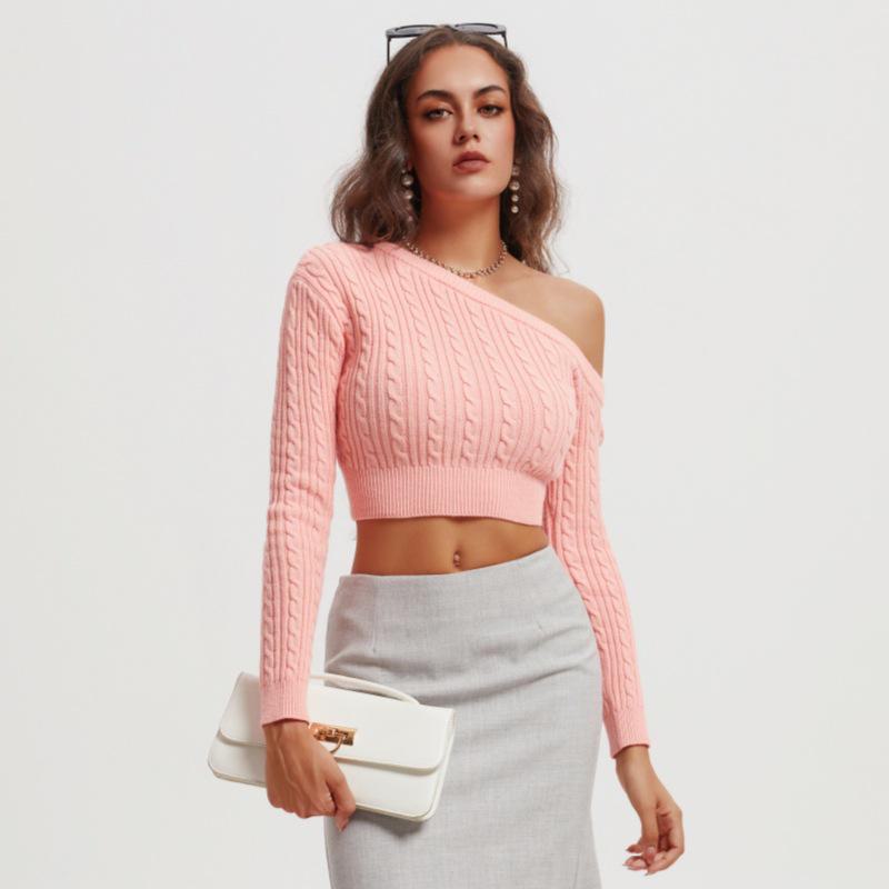 Women's Twisted Woolen One-Shoulder Long-Sleeve Pullover Sweater - Autumn/Winter Fashion Top