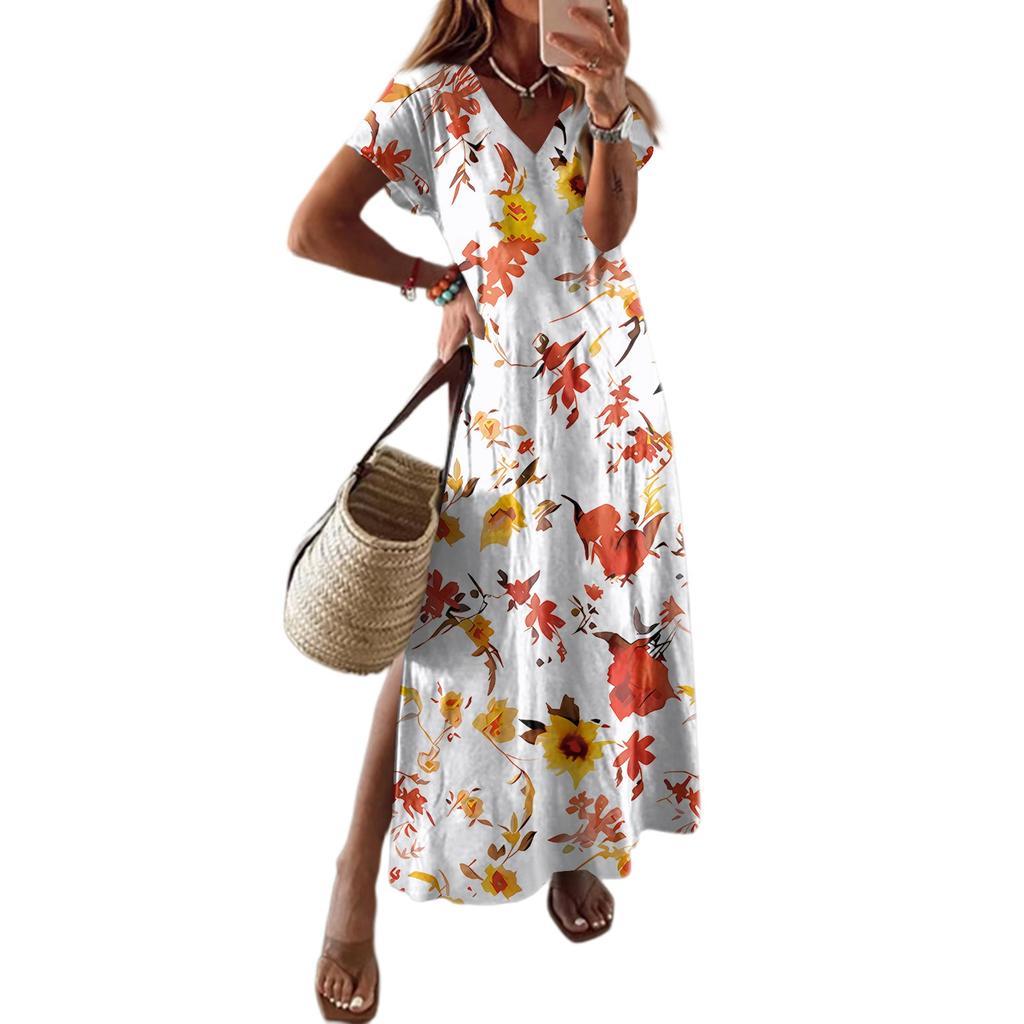 Women Summer Floral Dress Short Sleeve Beach Dress With Pockets Casual V-Neck Split Long T-Shirt Dress Travel Vacation