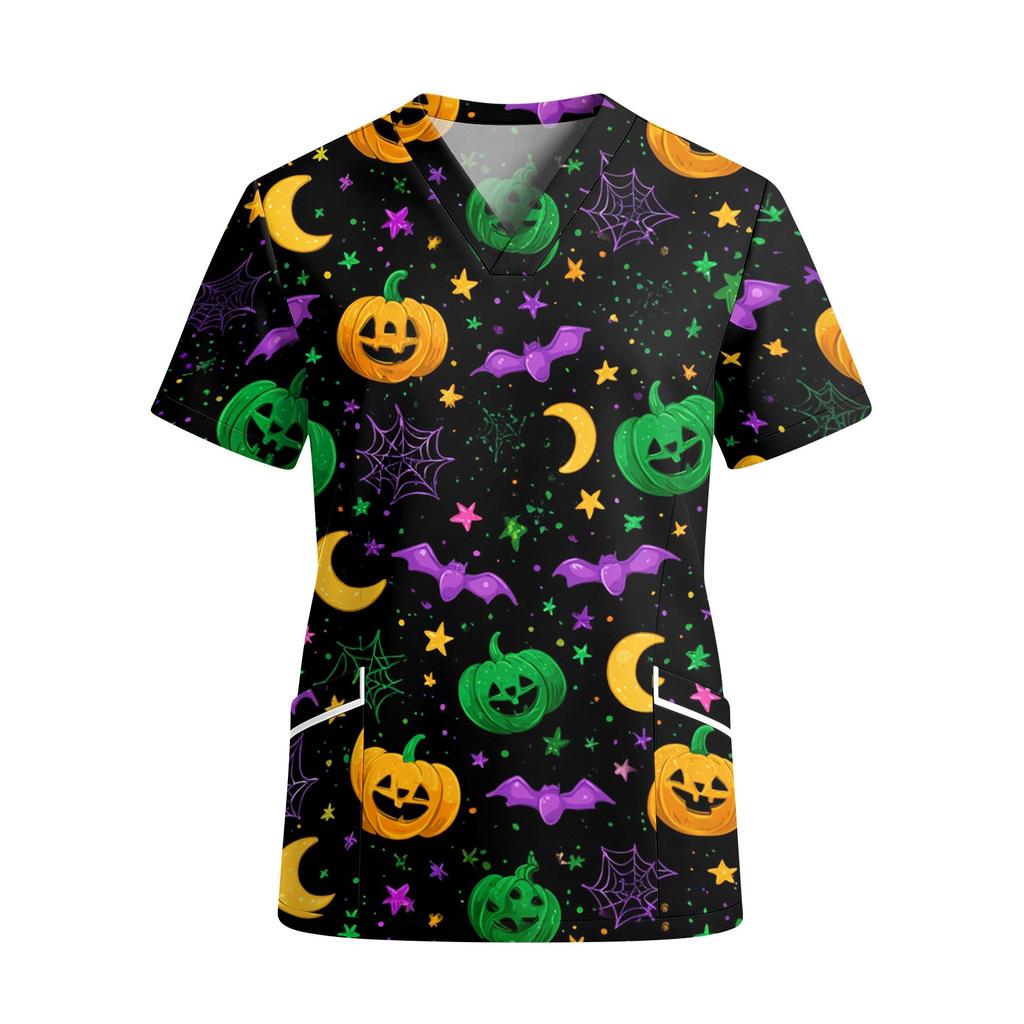 Women's V Neck Short Sleeve Work Top with Pockets Halloween Print Medical Scrub Shirt for Healthcare Professionals Comfortable Fit