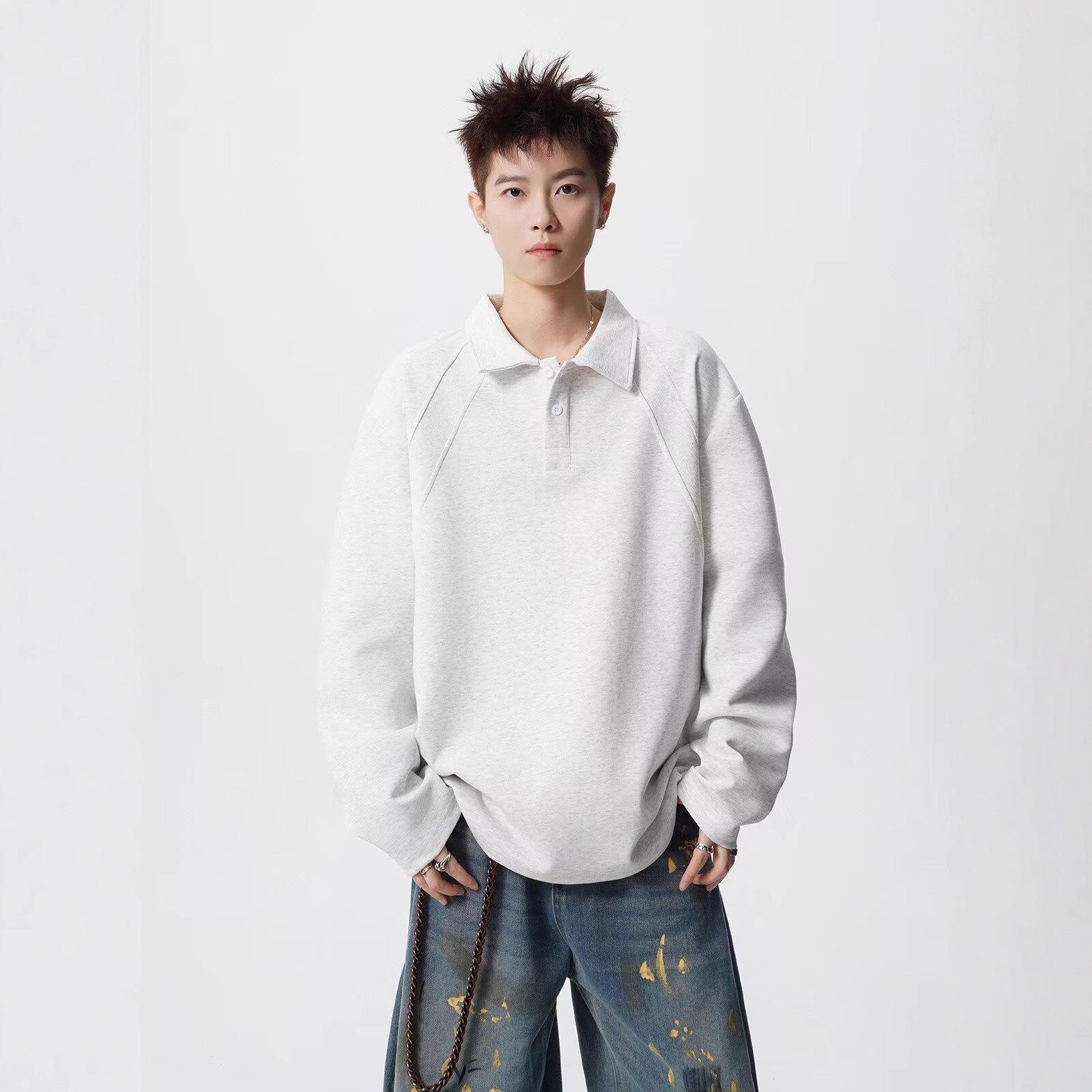 Unisex American Retro Patchwork Hoodie: Autumn Trend, Polo Collar, Long Sleeve, Heavyweight Casual Base Layer. Medium белый