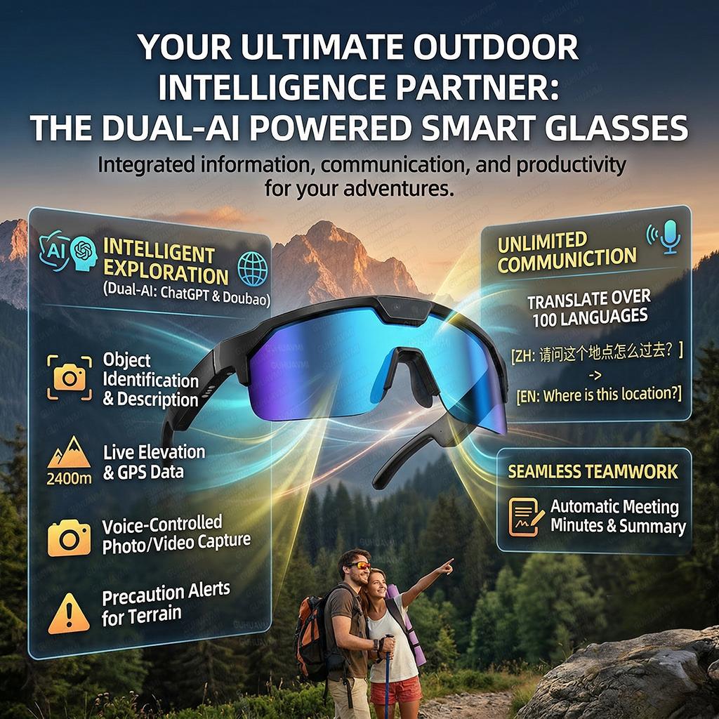 Multifunktionale KI-Smart-Brille 1200P HD-Kamera 8MP Anti-Shake Radfahren Fahren Aufnehmen & Aufzeichnen Übersetzung IP66 Winddichte Sonnenbrille UV-Schutz