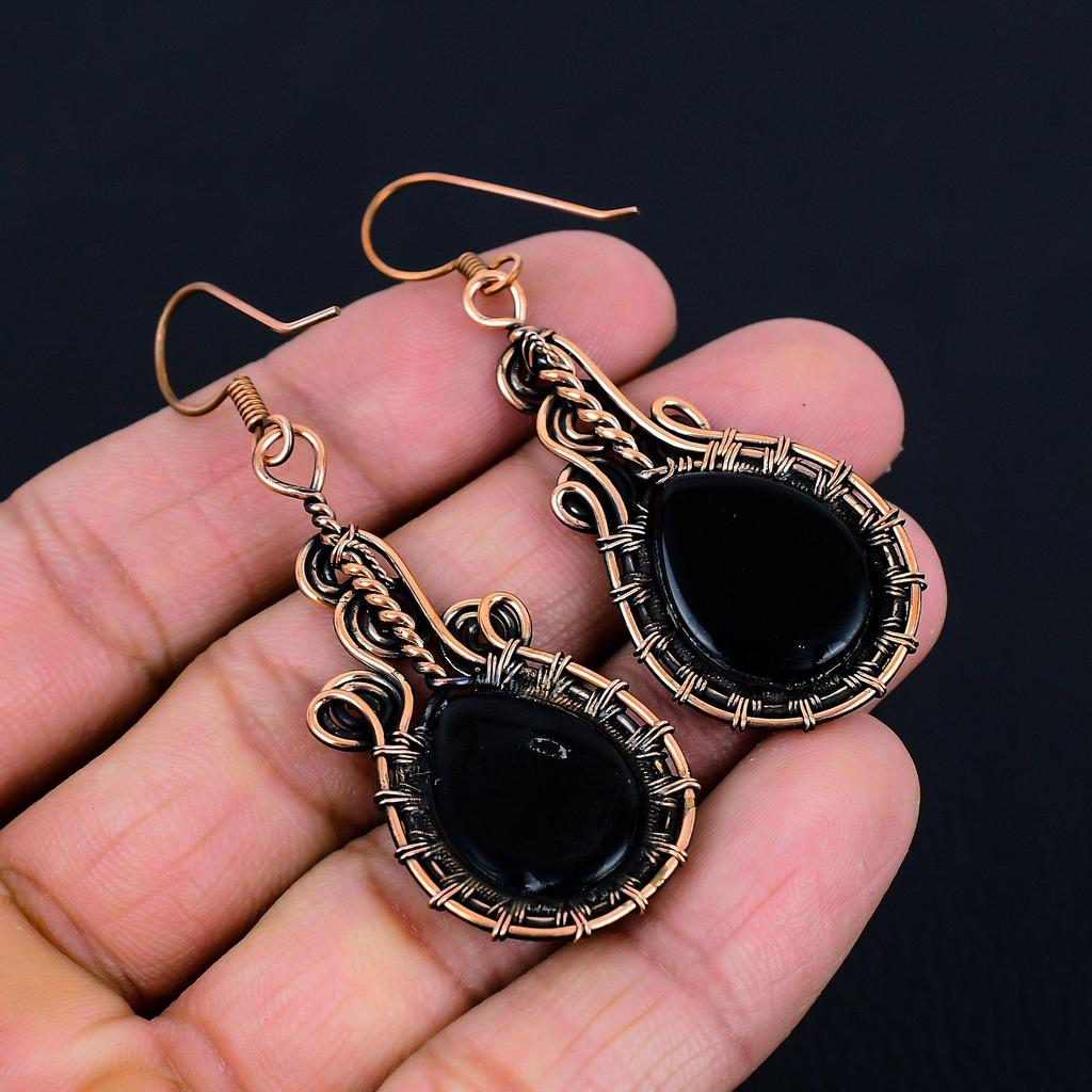 Black Onyx Gemstone Handmade Jewelry Pure Copper Wire Wrapped Earrings For Thanksgiving