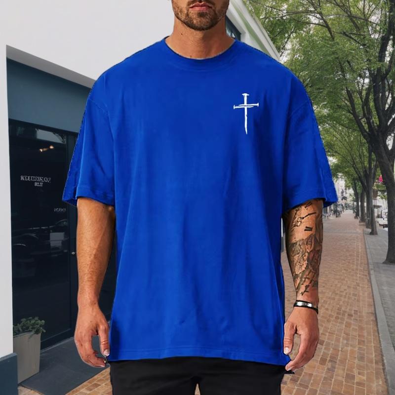 Large Cotton Men's Personalized Cross Print Men's Fitness T-shirt Loose Short Sleeved Round Neck Top T-shirt  Daily Casual Wear