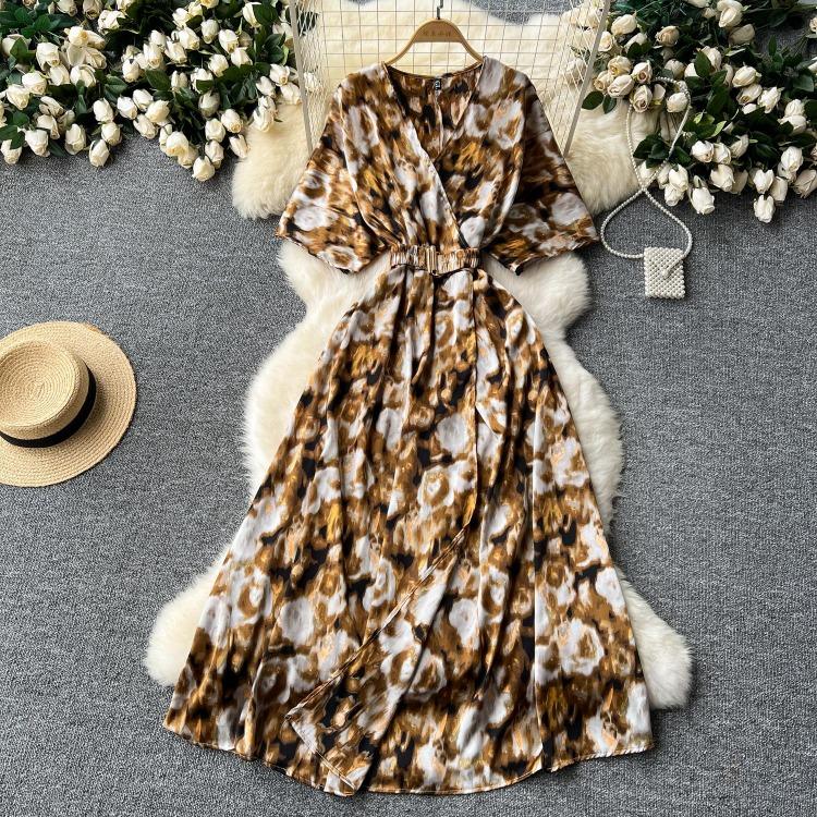 Vintage Elegant V Neck Split Print Short Sleeve Dress Chic Slim A Line Vestidos Summer Vacation Party Women Fashion Dresses