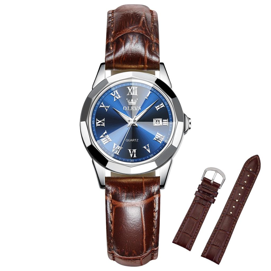 OLEVS Waterproof Watch with Leather Roman Alphabet Date Stylish Quartz Luminous Analog Small Popular Gift for Business Blue Lightweight Leather Watch