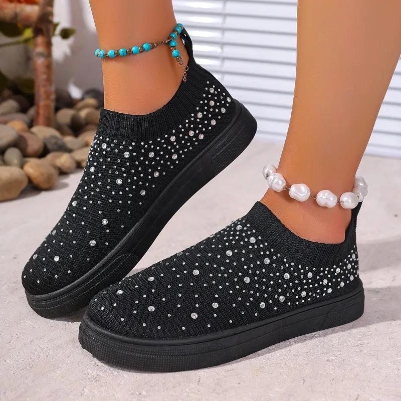 2025 Brand Ladies Shoes Slip-on Women's Vulcanize Shoes Crystal Casual Plus Size Grid Best Seller Breathable Sneakers