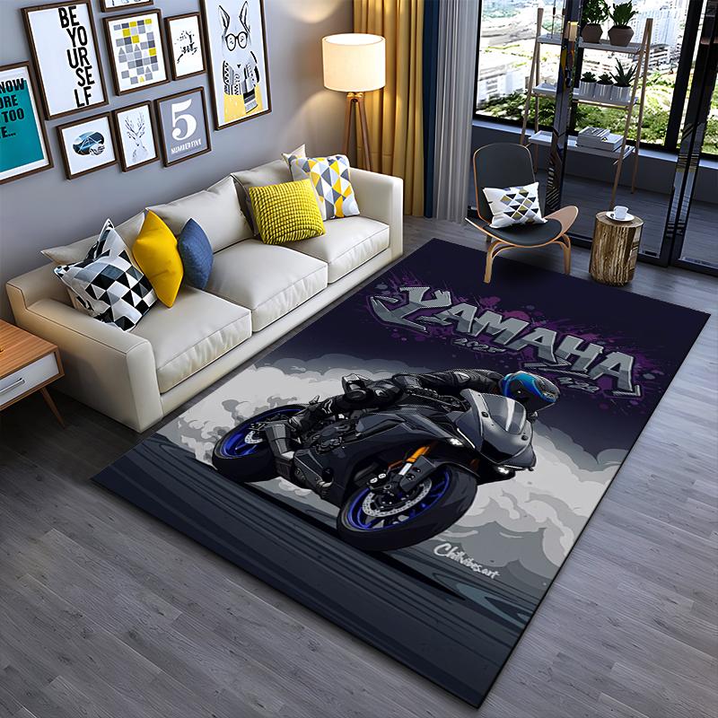 Area Rug, Yamaha Black Motorcycle Rider Graffiti Purple Smoke Illustration Print, Man Cave Decor, Non-Slip Mat