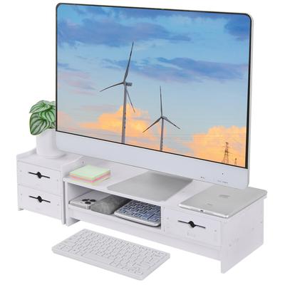 VECELO Monitor Stand, 25.7" Wide X 7.7" Deep X 5.5" High, Divided, Space-Saving, Desk Stand with Drawer, Non-Slip, Adjustable Height, Printer Stand,