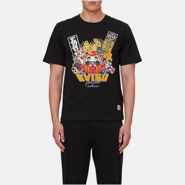 Evisu Buddha Head And Origin Object Print T-Shirt Men Tops Black 2ESHTM1TS621XX