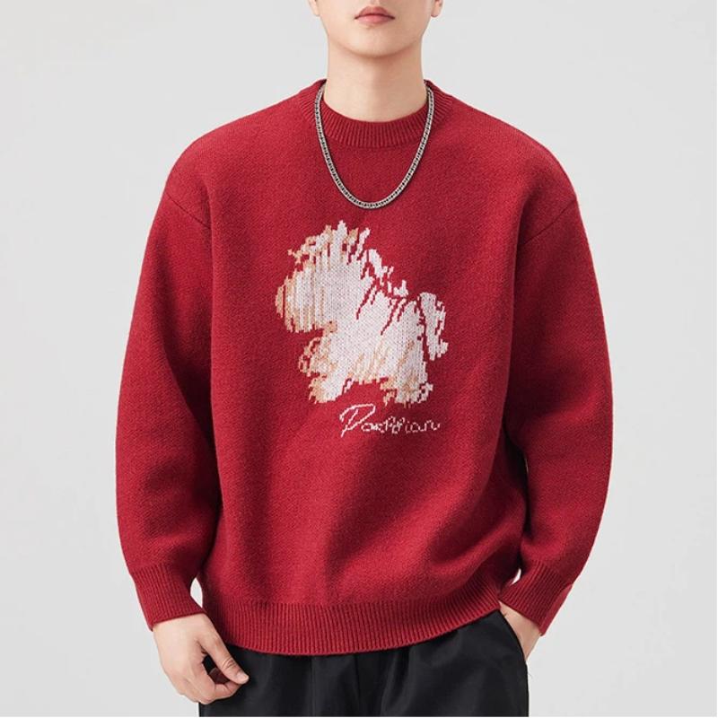 

Men s Light Grey Crew Neck Sweater Abstract Pattern Loose Fit Casual Knit Pullover M червоний