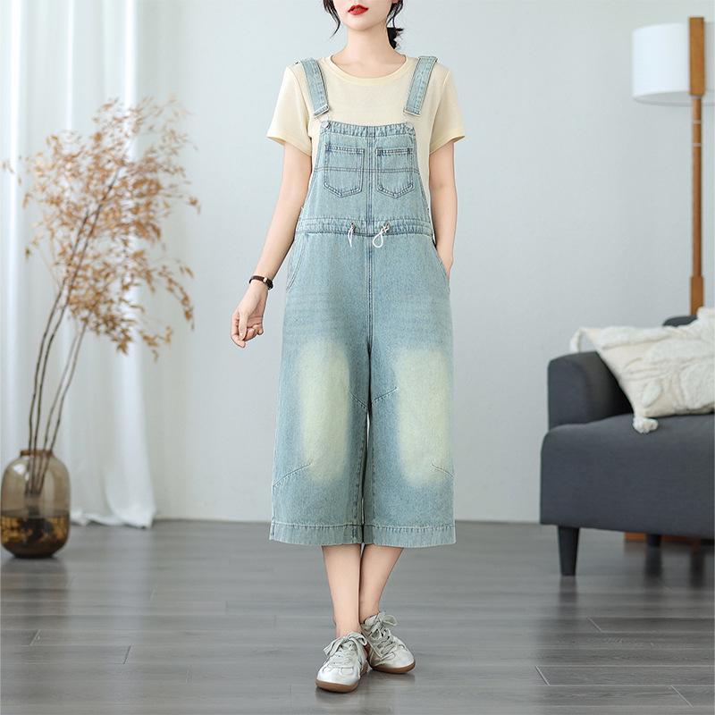 New Loose-Fit Slimming Suspender Denim Capri Pants L