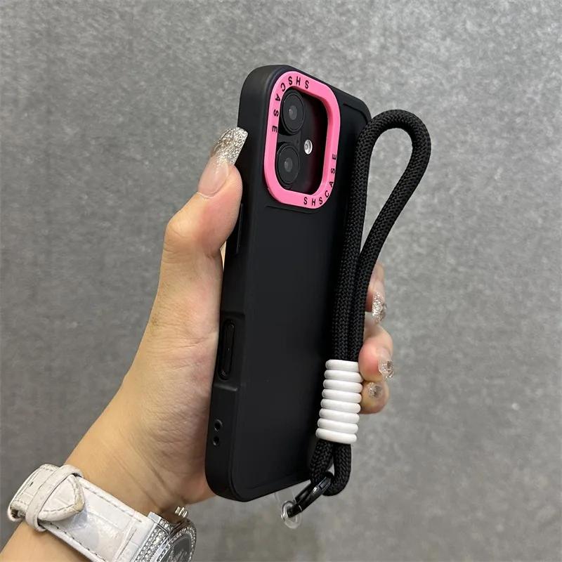 Fashion Lens Collision Color Wrist Strap Cases for iPhone 17 16 15 14 13 12 11 Pro Max Plus 17 Air Matte Silicone Lanyard Cover