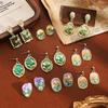 French Monet Garden Square Pearl Earrings, Retro And High-End Mid-Ancient Green Oil Painting Stud Earrings For Women