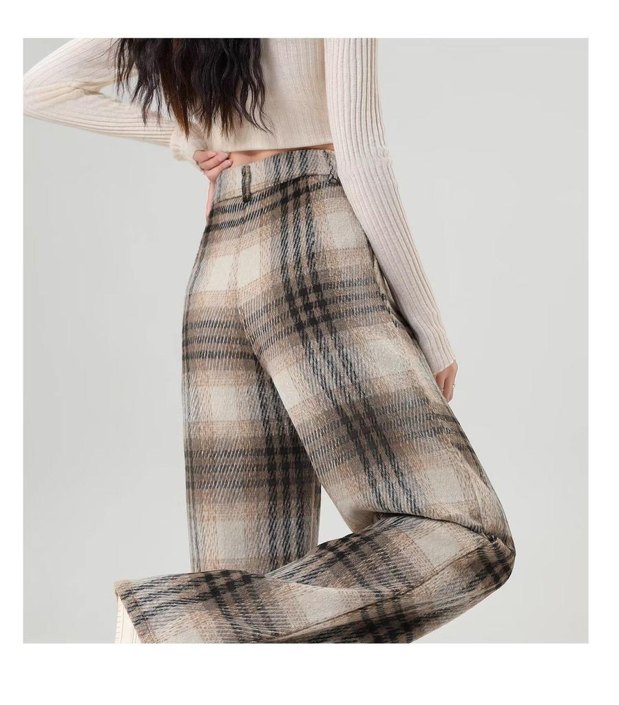Women's Retro Black & White Plaid Wool Blend Wide-Leg Pants: Fleece-Lined, Thickened, Loose Fit for Autumn/Winter Casual Style.