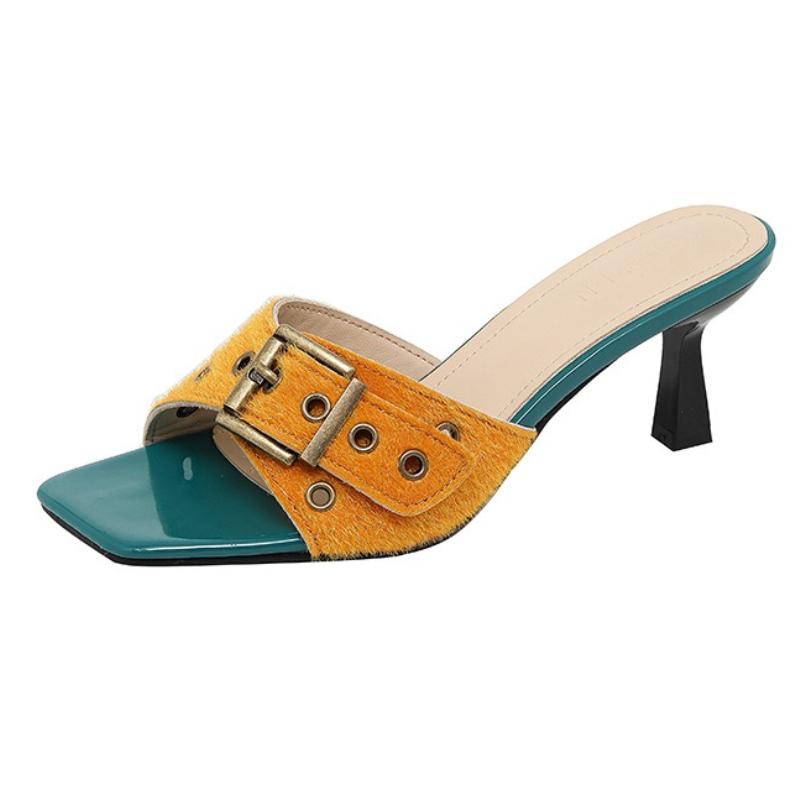 Fashion High Quality Faux Fur High Heel Slippers Women Fashion Mixed Color Square Toe Buckle Slide Slippers Comfort Brand Designer Shoes