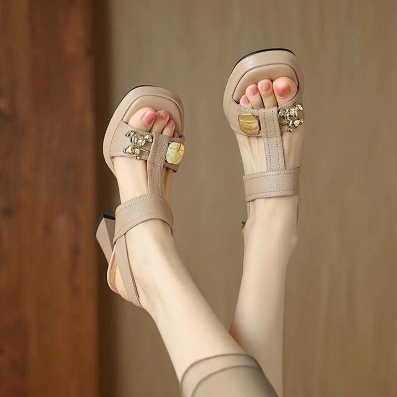 Fashion 2025 New Heels Shoes with Metal Decoration Women Sandals Square Toe Thick Heeled Pumps Elegant Leather Shoes Outside