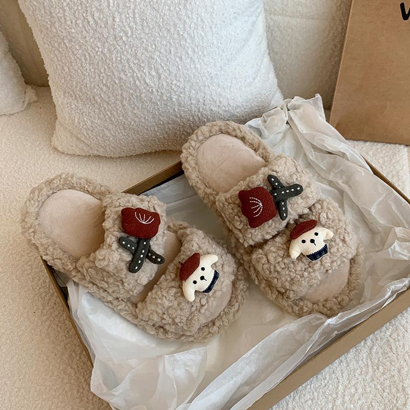 Cute Cartoon Puppy Fluffy Slippers Women's Winter 2025 New Versatile Thick Bottom Heightening Outer Wear Cotton Slippers Tide