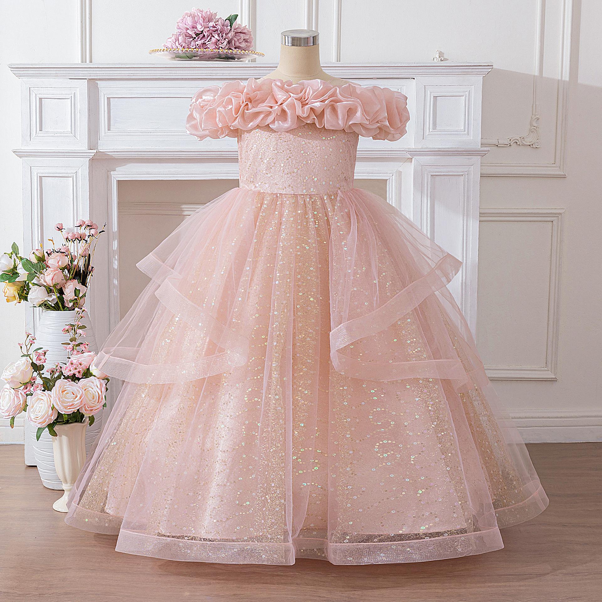 

Flower Girl Princess Dress For Weddings Summer Kid Formal Bow Long Gown For School Evening Party Children New Year Cloth ALP190 150 рожевий
