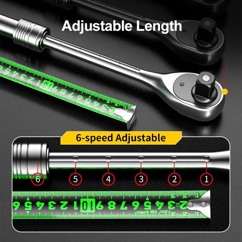 72 Teeth 1/4 "1/2 " Telescopic Socket Wrench Ratchet Spanner CR-V Quick Release Professional Auto Repair Hand Tools