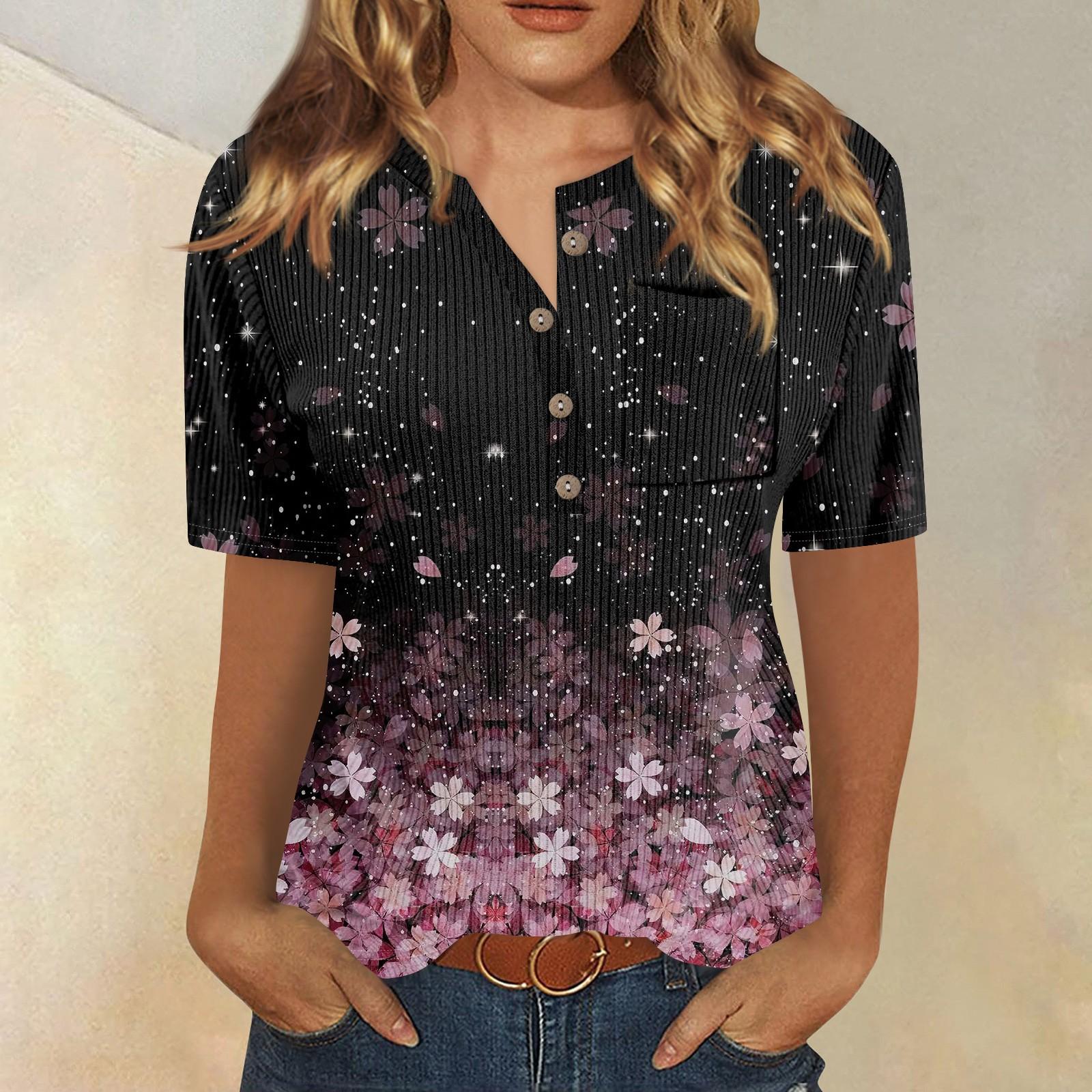 

Футболки для женщин, плиссированные, с V-образным вырезом, нарядные, повседневные блузки с принтом, короткие рукава, летние топы, свободный крой XL розовый