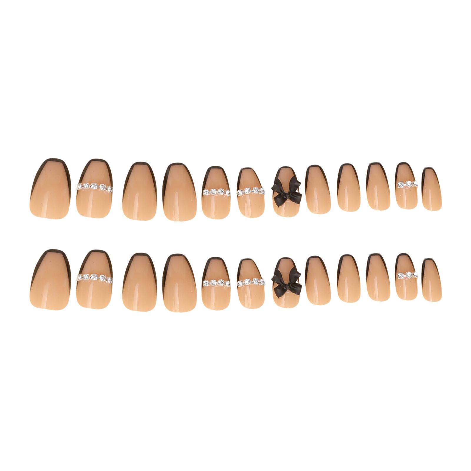 French Chain-Bow Black Mid-Length Fake Nails 24 Pieces Elegant Design for Parties Weddings GG060 Black
