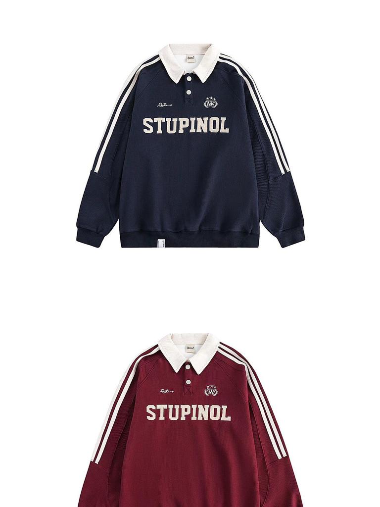 Women's Striped Polo Collar Sweatshirt - Korean Style with American Letter Embroidery