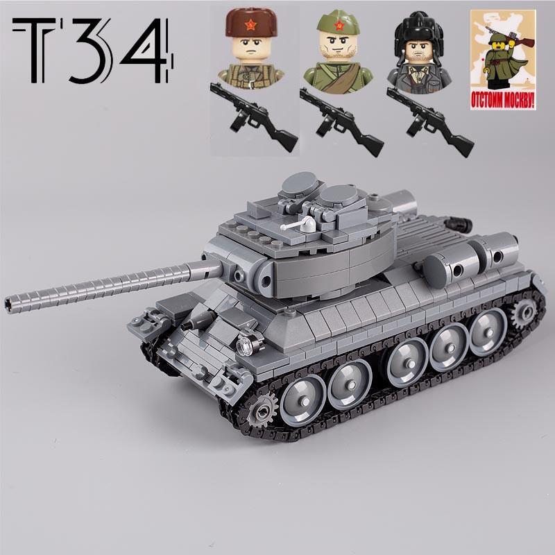 WW2 Military Soviet T34 Battle Tank Building Blocks Soldier Figures Army Weapons Guns PPSH Rifle Parts Mini Bricks DIY Kids Toys