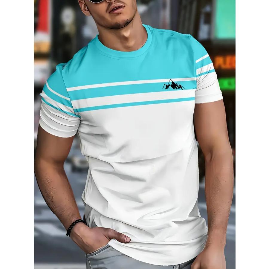 Men Novel Striped 3D Print T-shirts Beachwear Letters Stretch Polyester Sports Short Sleeve Tops