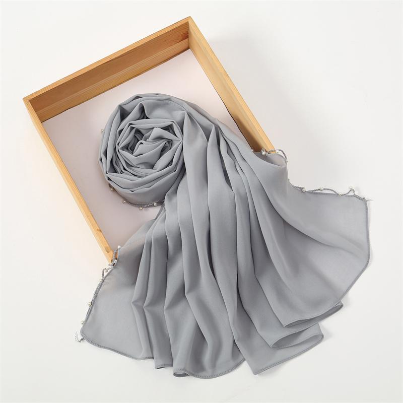 Muslim Chiffon Hijab Scarf Pearl Edge Solid Color Squane Head Wrap For Women Hijabs Scarves Jersey Hijabs Islamic Turban Headban