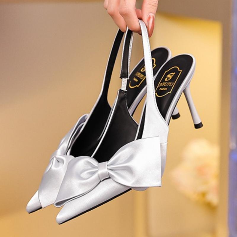 Fashion High Quality Satin Bow Designer Brand Sandals Women Pointed Toe Thin Heel Back Strap Slide Sandals Elegant Comfort Dress Shoes