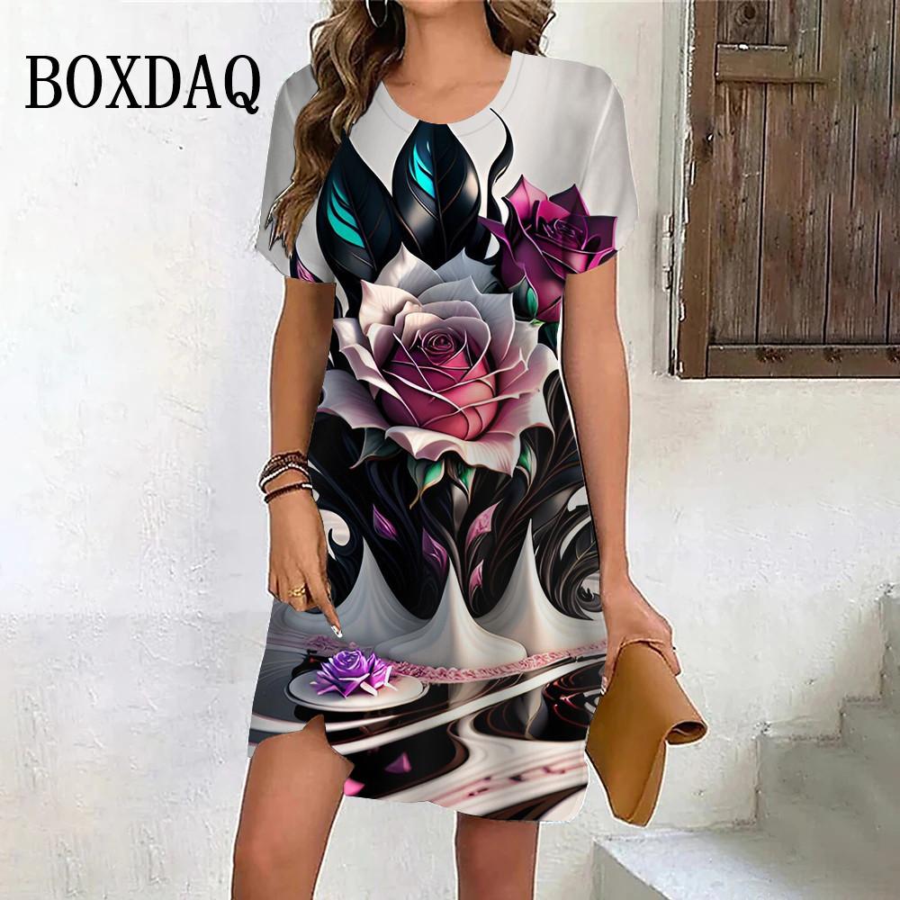 Nowe Letnie Sukienki na Imprezę Plażową Dla Kobiet Vintage Tie Dye Czerwony Różowy Kwiatowy Wzór Sukienka Krótki Rękaw Pulower Luźna Duży Rozmiar Sukienka