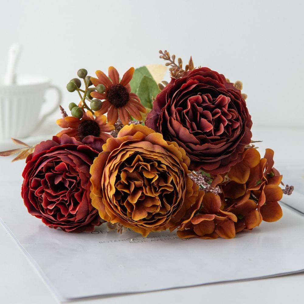Outdoor Silk Artificial Flowers 5 Heads Bridal Bouquets Simulated Persian Peony Fake Flowers Gifts Box Decor