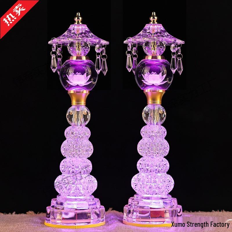 Buddha Altar Seven-Color Crystal Lotus Lamp, Plug-in Pair for Year of the Horse