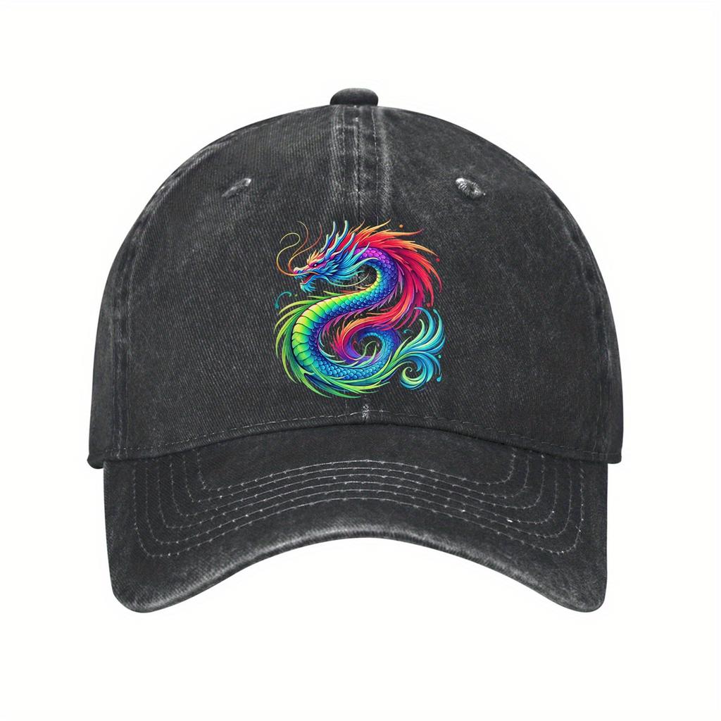 Rainbow Dragon Print Washed Denim Baseball Cap Adjustable Casual Dad Hat Unisex