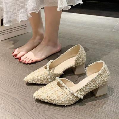 2025 Spring and Autumn Thick Heel Small Fragrant Single Shoes Female Pearl Fairy Shoes Pointed Head Shallow Mouth Side Empty Fashion High Heels