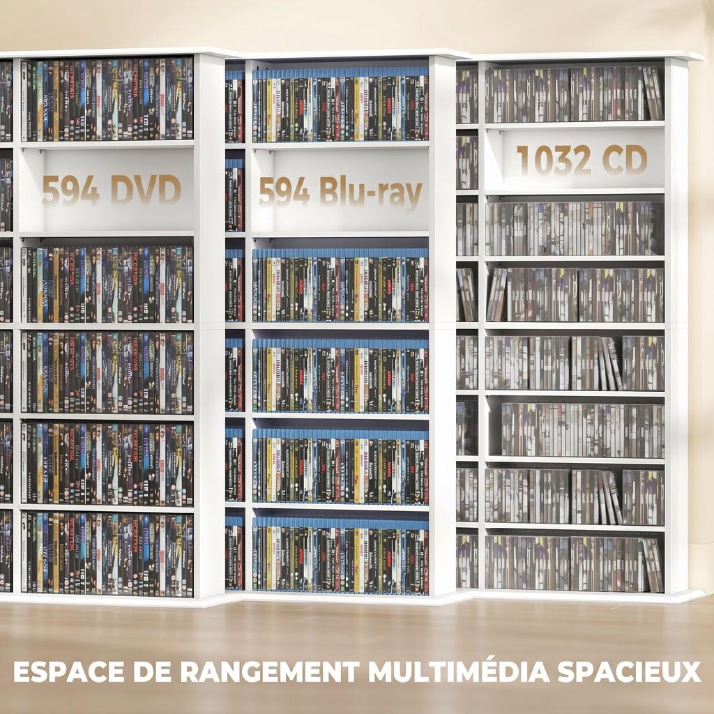 Multimedia Storage Shelf for 1032 CDs / 594 DVDs, 24 Compartments, 18 Adjustable Shelves, White