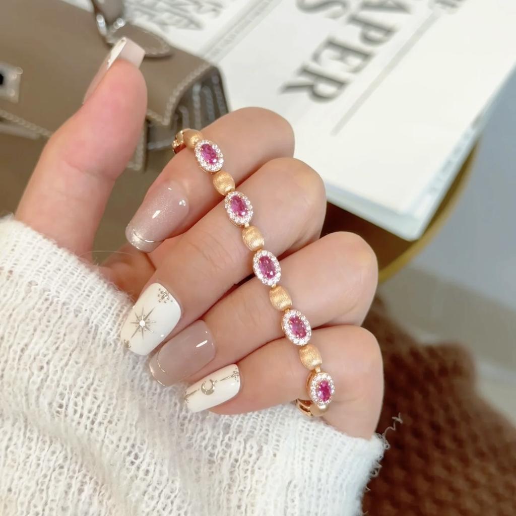 Handmade Brushed Egg Surface Full Diamond Bracelet Women'S Design Sense Light Luxury Red Corundum Oval Bracelet Bracelet Jewelry