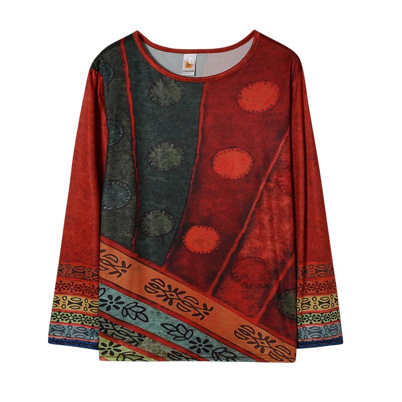2024 Ethnic Style Women's Plus Size Loose Long Sleeve Print T-shirt Hoodie