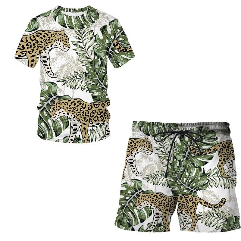 Herren-Sportanzug, T-Shirt + Shorts, Trainingskleidung, 2-teiliges Set, kurzärmelige Sportbekleidung mit Cartoon-Tier-3D-Leopardendruck