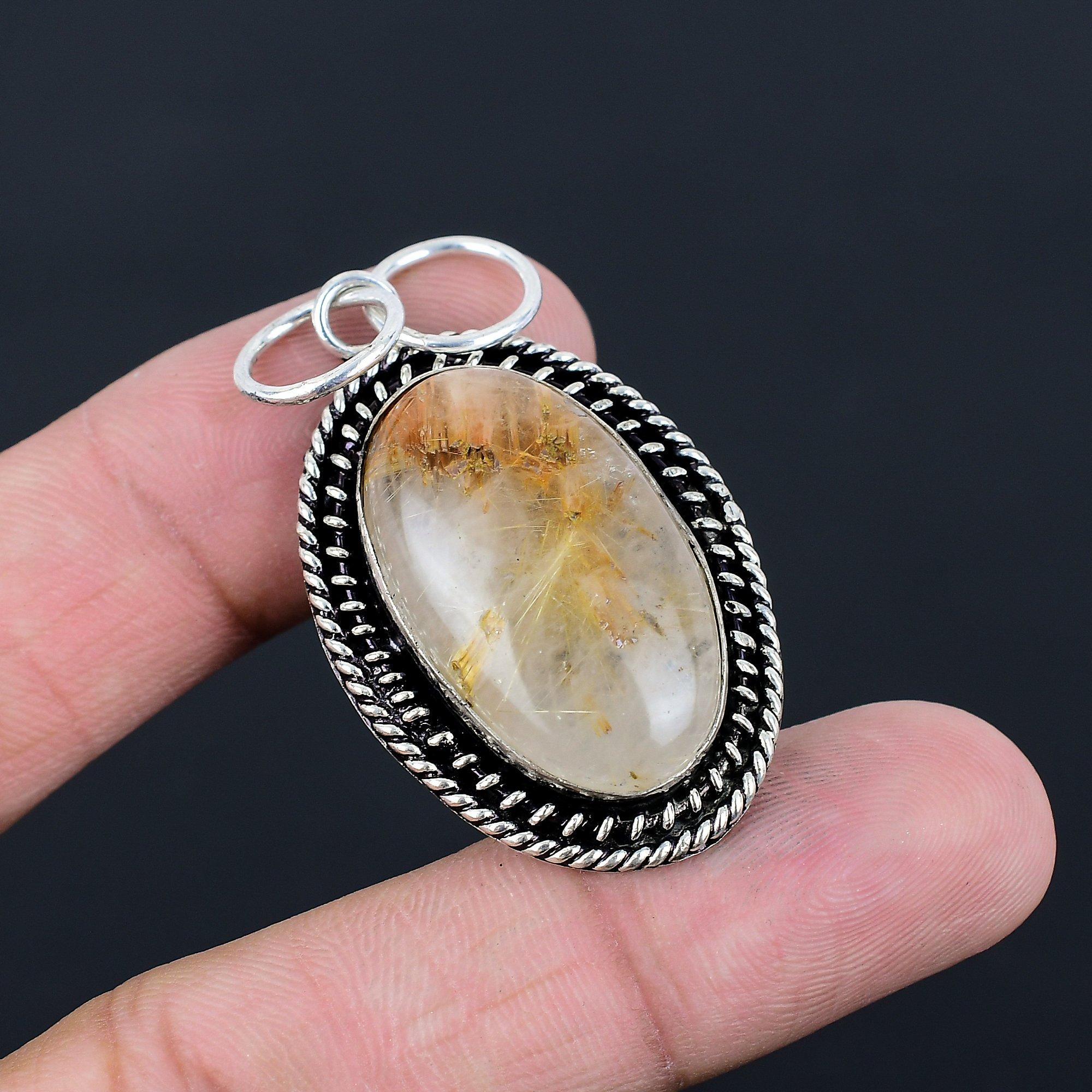 925 Silver Oval Golden Rutile Stone Handmade Engagement Birthday Pendant Jewelry