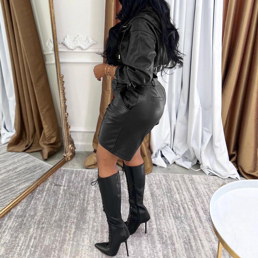 Women's European Hooded Leather Jacket & Shorts Set - Long Sleeve Casual Autumn/Winter Fashion Outerwear.