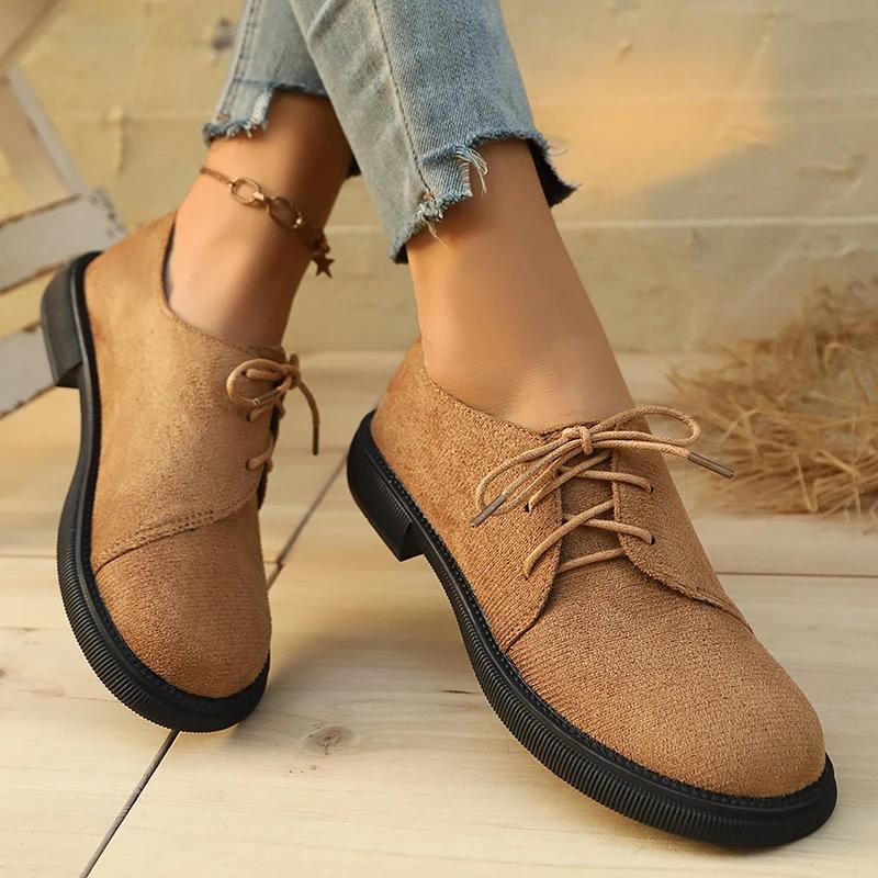 Fashion Leopard Low Heels Pumps Women 2025 Spring Thick Heel Faux Suede Oxford Shoes Woman Plus Size Lace Up Single Shoes Mujer