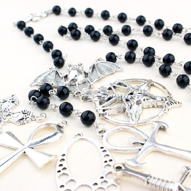Gothic Punk Cool Rosary Beaded Necklace Ankh Cross Black Beads Bat Necklace